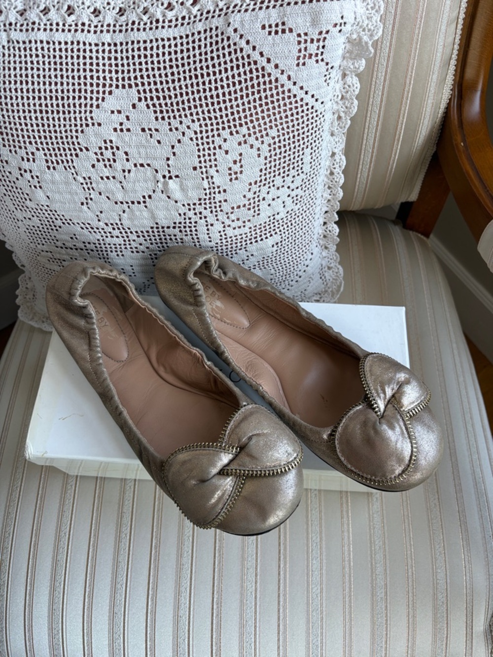 See By Chloé Metallic Taupe Knot-Detail Ballet Flats